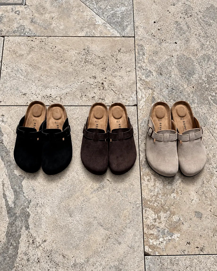 Los tres colores del zueco Maroa: negro, café y arena